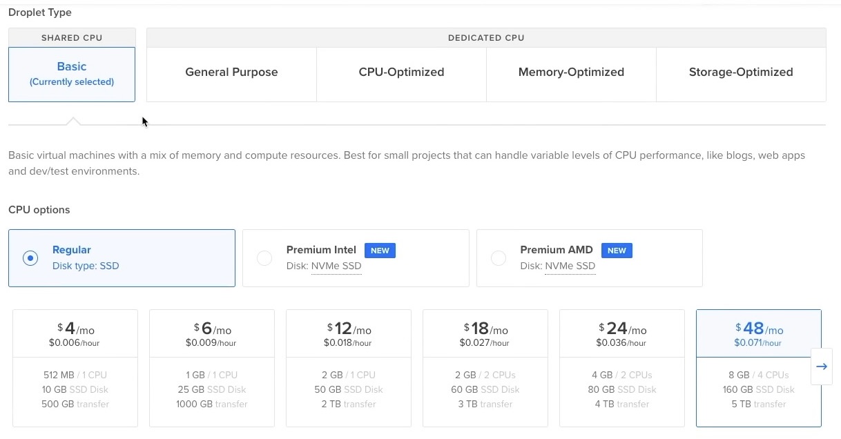 DigitalOcean's server (droplet) pricing