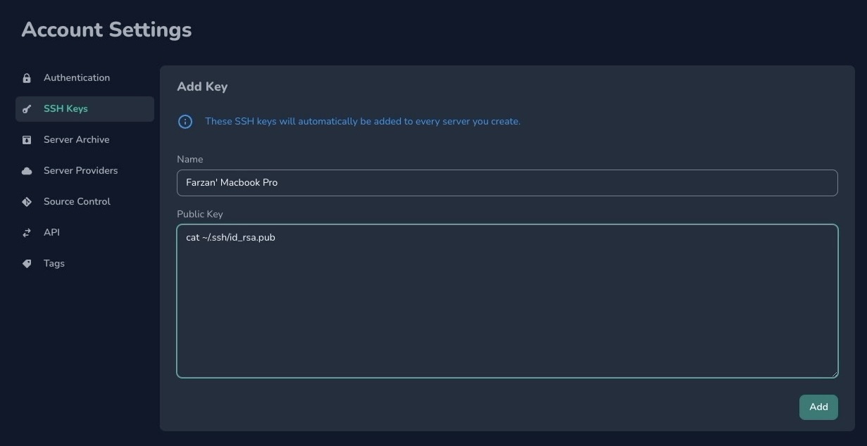 Forge - adding an SSH public key